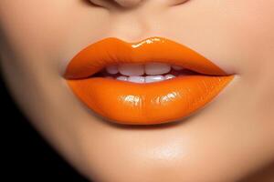 närbild av skön kvinnas mun med färgrik läppstift.. foto