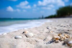 närbild vit sand bra strand med hav bakgrund.. foto