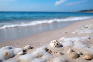 närbild vit sand bra strand med hav bakgrund.. foto