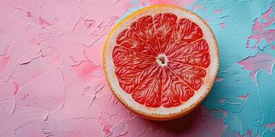 halv av en grapefrukt på en texturerad rosa och blå bakgrund. foto