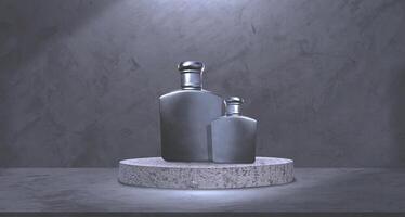 två storlekar av svart herr- parfym flaskor på podium med ljus och skugga på betong disken visa presentation bakgrund, doft förpackning attrapp mall för kosmetisk skönhet produkt design foto