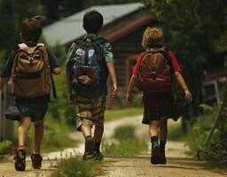 tre barn med ryggsäckar löpning mot skola foto