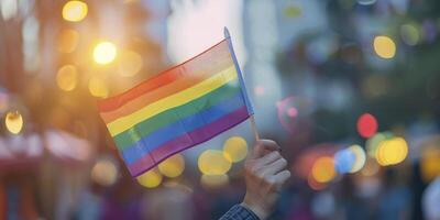 person vinka regnbåge flagga på stolthet parad eller festival, HBTQ begrepp med suddig folkmassan och bokeh bakgrund, solig dag foto