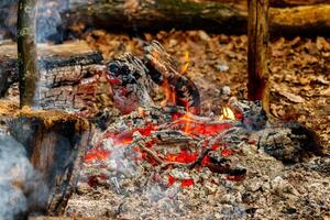 textur flamma från brinnande loggar på natt foto