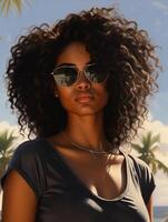 en fotorealistisk porträtt av en 25-åring afrikansk amerikan kvinna i solglasögon foto