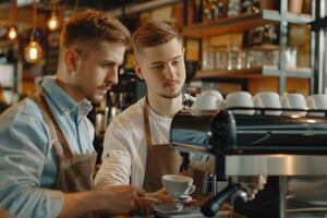 professionell Barista lär ung man på vilket sätt till göra kaffe. foto