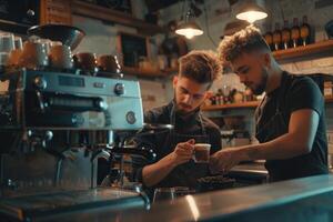 professionell Barista lär ung man på vilket sätt till göra kaffe. foto