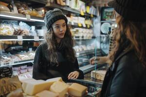 kvinna kund delikatesser mat Lagra uppköp lokal- ost från Tonårs försäljning assistent foto