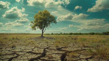torr Land med knäckt jord och växande träd symboliserar klimat förändra. foto