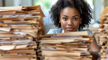 en kvinna försiktigt recensioner en stor stack av filer i ett kontor miljö foto
