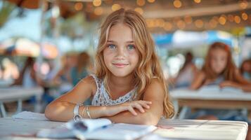 en ung flicka är sittande på en tabell inuti en livliga restaurang foto
