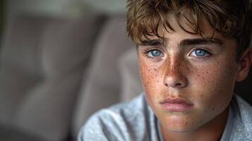 en ung pojke med fräknig hår och blå ögon utseende direkt på de kamera foto
