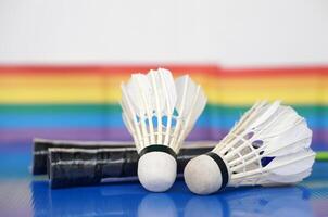 badminton fjäderboll, sport utrustning. begrepp, sport, träning, rekreation aktivitet för Bra hälsa. populär sport för Allt kön och lgbtq över hela världen. foto