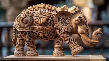 levande trä- elefant skulptur visa upp noggrann träsnideri ai bild foto