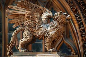 trä- grip statyett visa upp majestätisk vingar och kraftfull lejonets kropp ai bild foto