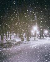 snöfall i en vinter- parkera på natt med lysande lyktor, trottoar täckt med snö och träd. årgång filma estetisk. foto