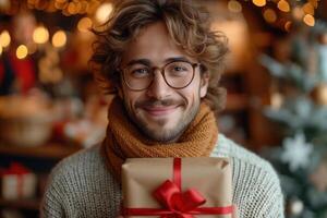 Lycklig ung man med lockigt hår innehav en jul gåva. foto