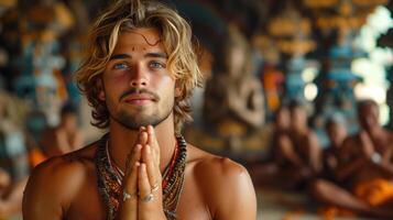 ung blond man i traditionell klädsel praktiserande meditation foto