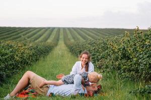 de dotter kramas föräldrar på natur. mamma, pappa och flicka småbarn, promenad i de gräs. Lycklig ung familj utgifterna tid tillsammans, utanför, på semester, utomhus. de begrepp av familj Semester foto