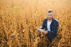 agronom inspekterande soja böna gröda växande i de bruka fält. lantbruk produktion begrepp. ung agronom undersöker sojaböna beskära på fält. jordbrukare på sojaböna fält. foto