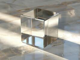 transparent kristall kub på marmor foto