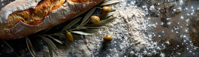 rustik bröd rullar och oliv gren på tabell foto