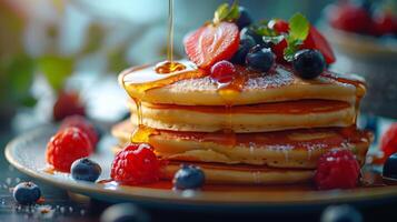 pannkakor toppade med jordgubbar och blåbär med en honung dugga, presenteras i morgon- ljus foto