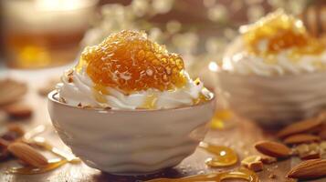 en skål av yoghurt med honung och mandlar på en trä- tabell foto