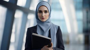 ai genererad skön muslim kvinna i hijab innehav bok utomhus. företag begrepp foto