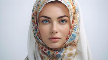 ai genererad porträtt av skön ung muslim kvinna i hijab. religiös, mode begrepp foto