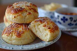 pao de queijo brasiliansk ost bröd i de kök tabell professionell reklam mat fotografi foto