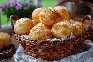 pao de queijo brasiliansk ost bröd i de kök tabell professionell reklam mat fotografi foto