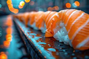 sashimi sushi i de kök tabell professionell reklam mat fotografi foto