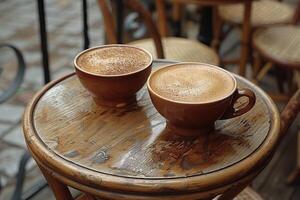 morgon- varm kopp av kaffe i de Kafé tabell professionell reklam mat fotografi foto