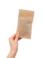 hand innehav små zip-lås kraft papper väska. blixtlås påse, eco brun beige paket foto