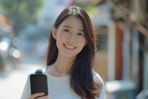 skön asiatisk kvinna leende och innehav smartphone foto