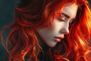 skönhet rödhårig flicka med lång och skinande vågig röd hår skön kvinna modell med lockigt frisyr foto