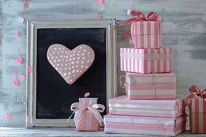 rosa rand och polka punkt gåvor med mödrar dag meddelande. foto