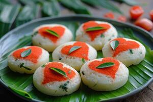 valentines dag särskild söder indisk idli med kärlek hjärtan. foto