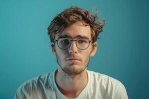 porträtt av en ung man med glasögon i en studio på en blå bakgrund. foto