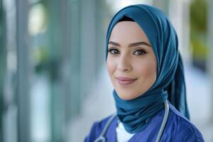 självsäker muslim sjuksköterska i hijab på isolerat bakgrund. foto