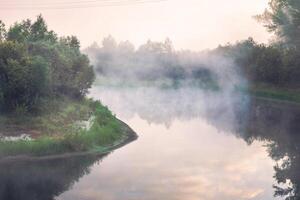 landskap med lugna flod och skog tidigt morgon- med dimma och reflexion på en yta av vatten. foto