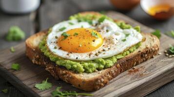 en makro Foto av rostat bröd Utsmyckad med guacamole och en perfekt friterad ägg, avsedd för de frestande visa på en restaurang meny.