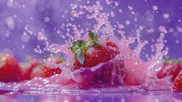 jordgubb släppa vatten färgrik bakgrund foto
