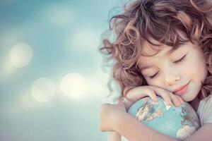 en ung barn med lockigt hår, deras ögon stängd i en mild uttryck, fattande en klot med ömhet och vård foto