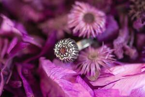 skön silver- ringa med rosa sten på en bakgrund av torr lila blommor. hantverk dyrbar Artikel. foto