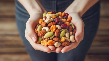 näve av blandad nötter och torkades frukt i händer foto