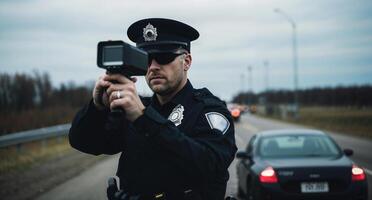 polis officer siktar radar pistol på mötande trafik foto