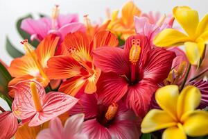 färgrik närbild av olika hibiskus blooms mot en vit bakgrund foto