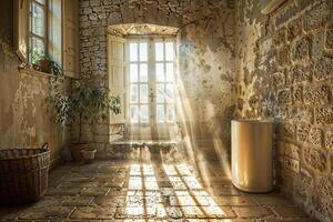 värma solljus filter in i ett gammal, rustik rum highlighting en modern avfuktare foto